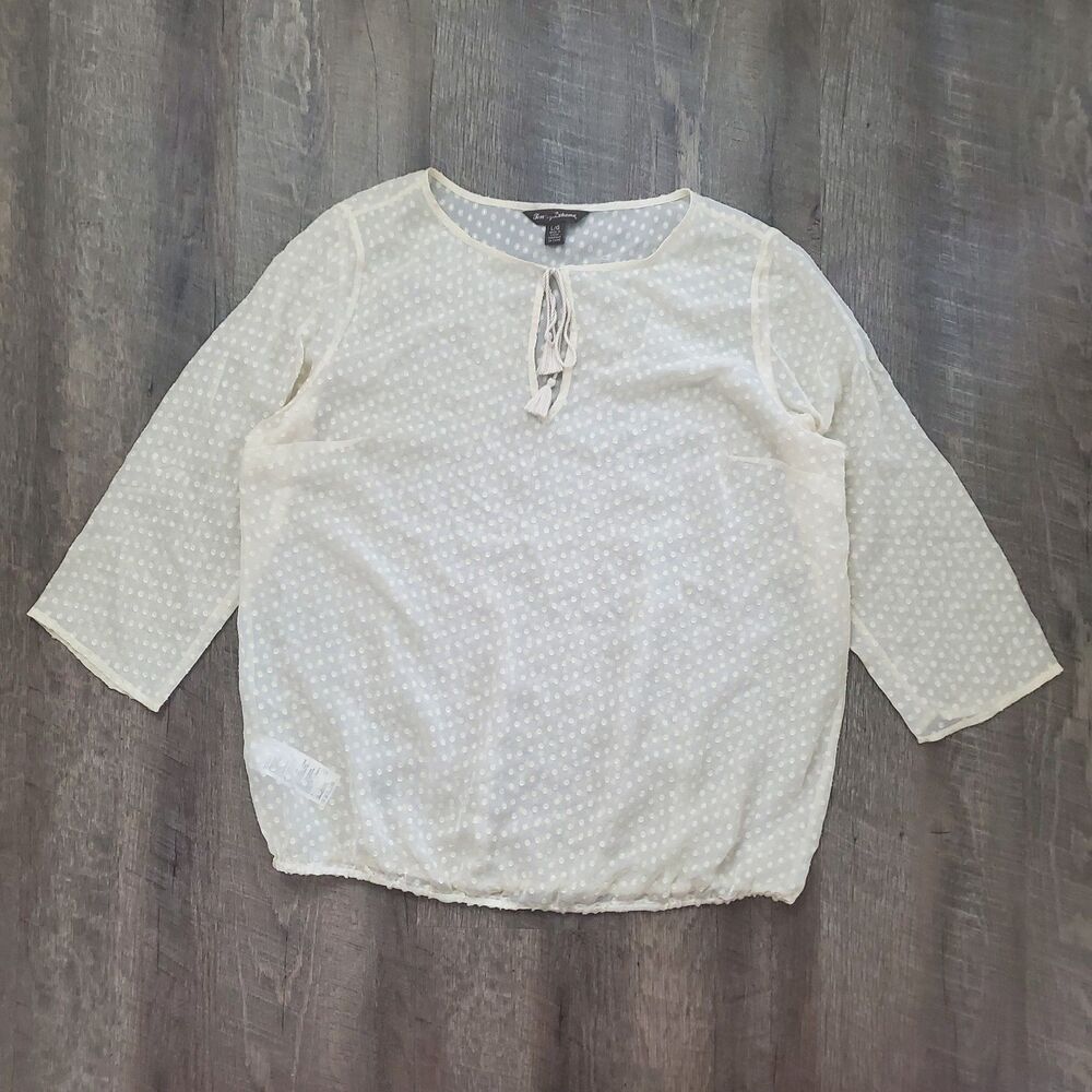 Tommy Bahama Women's Blouse Large Ivory Silk Blend Swiss Dot Sheer Peasant Top